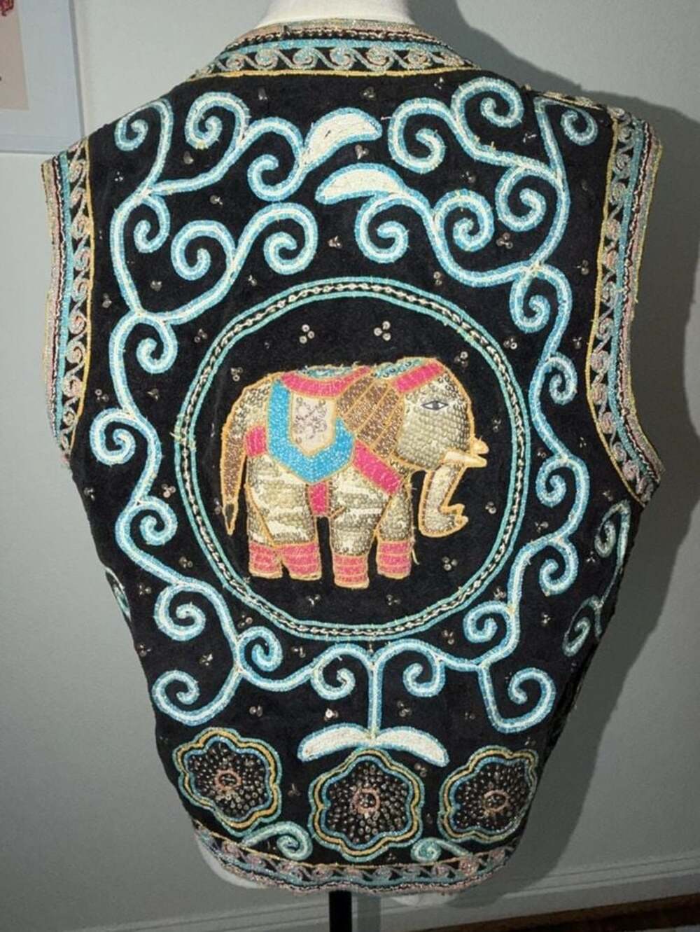 Vintage Carol Horn Workshop Hand Embroidered and Sequined Elephant Vest